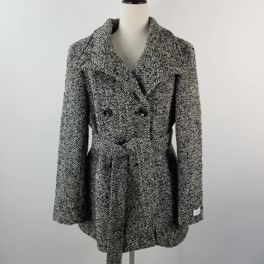 Calvin Klein Black Gray Double Breasted Belted Wool Blend Coat Sweater Jacket 12